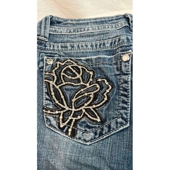 MissMe Boot Jeans Size 27 Rose Embellishments to back Boho Festival Biker Club C - Picture 8 of 11